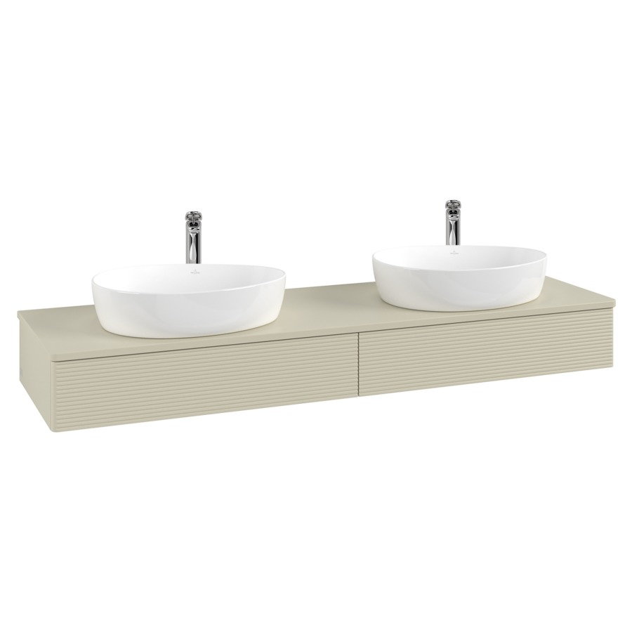 Élément inférieur  Antao
160 x 19 x 50 cm
2&nbsp;éléments de tiroir, 1&nbsp;tiroir chacune
avec siphon gain de place
avec matériel de fixation
pour 2 lavabos à poser 101037/101039/234171
recouvrement avec trou pour robinet