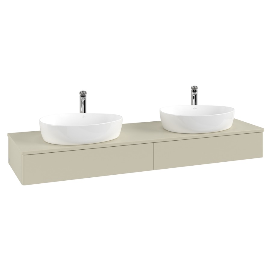 Élément inférieur  Antao
160 x 19 x 50 cm
2&nbsp;éléments de tiroir, 1&nbsp;tiroir chacune
avec siphon gain de place
avec matériel de fixation
pour 2 lavabos à poser 101037/101039/234171
recouvrement avec trou pour robinet