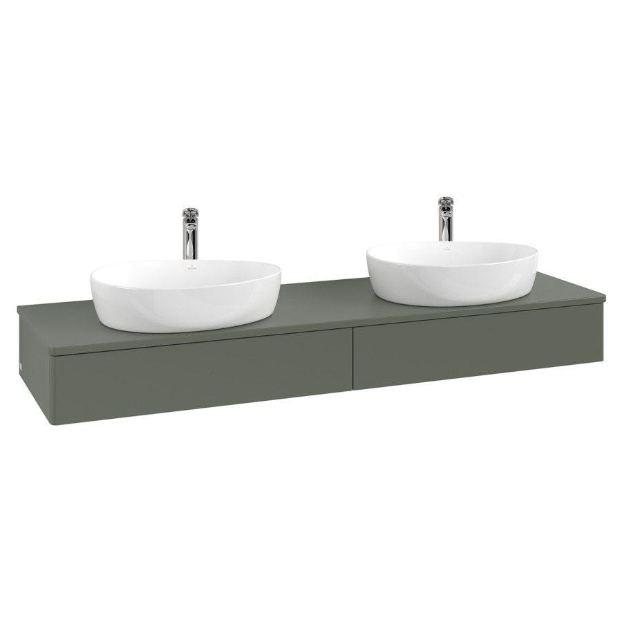 Élément inférieur  Antao
160 x 19 x 50 cm
2&nbsp;éléments de tiroir, 1&nbsp;tiroir chacune
avec siphon gain de place
avec matériel de fixation
pour 2 lavabos à poser 101037/101039/234171
recouvrement avec trou pour robinet