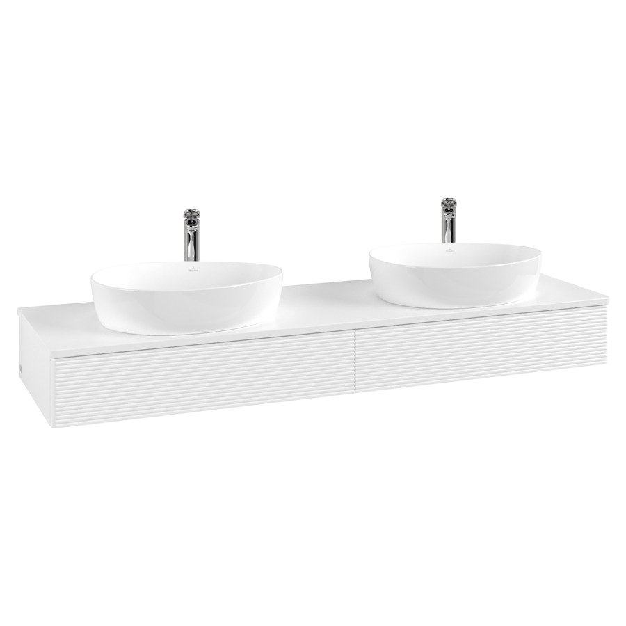 Élément inférieur  Antao
160 x 19 x 50 cm
2&nbsp;éléments de tiroir, 1&nbsp;tiroir chacune
avec siphon gain de place
avec matériel de fixation
pour 2 lavabos à poser 101037/101039/234171
recouvrement avec trou pour robinet