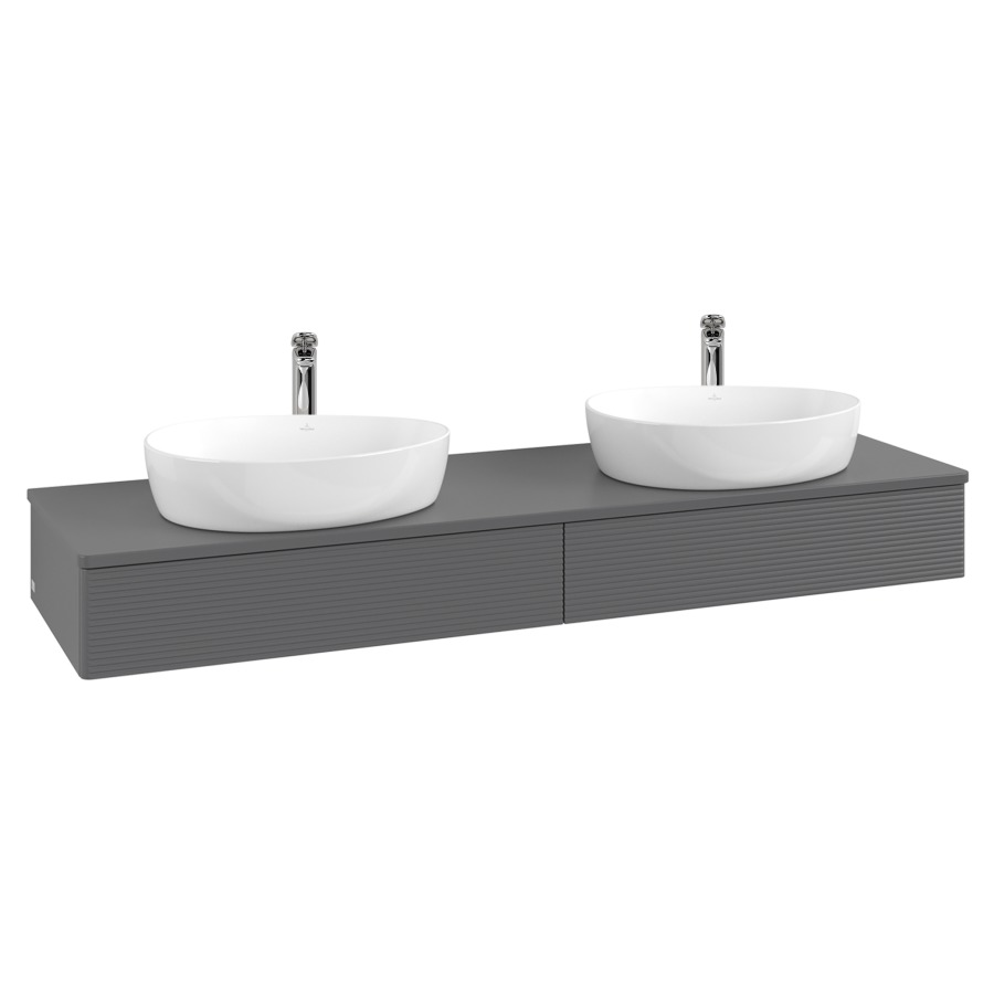 Élément inférieur  Antao
160 x 19 x 50 cm
2&nbsp;éléments de tiroir, 1&nbsp;tiroir chacune
avec siphon gain de place
avec matériel de fixation
pour 2 lavabos à poser 101037/101039/234171
recouvrement avec trou pour robinet