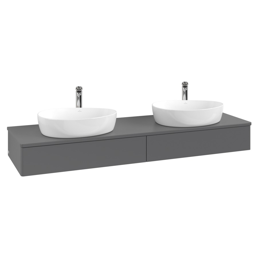 Élément inférieur  Antao
160 x 19 x 50 cm
2&nbsp;éléments de tiroir, 1&nbsp;tiroir chacune
avec siphon gain de place
avec matériel de fixation
pour 2 lavabos à poser 101037/101039/234171
recouvrement avec trou pour robinet