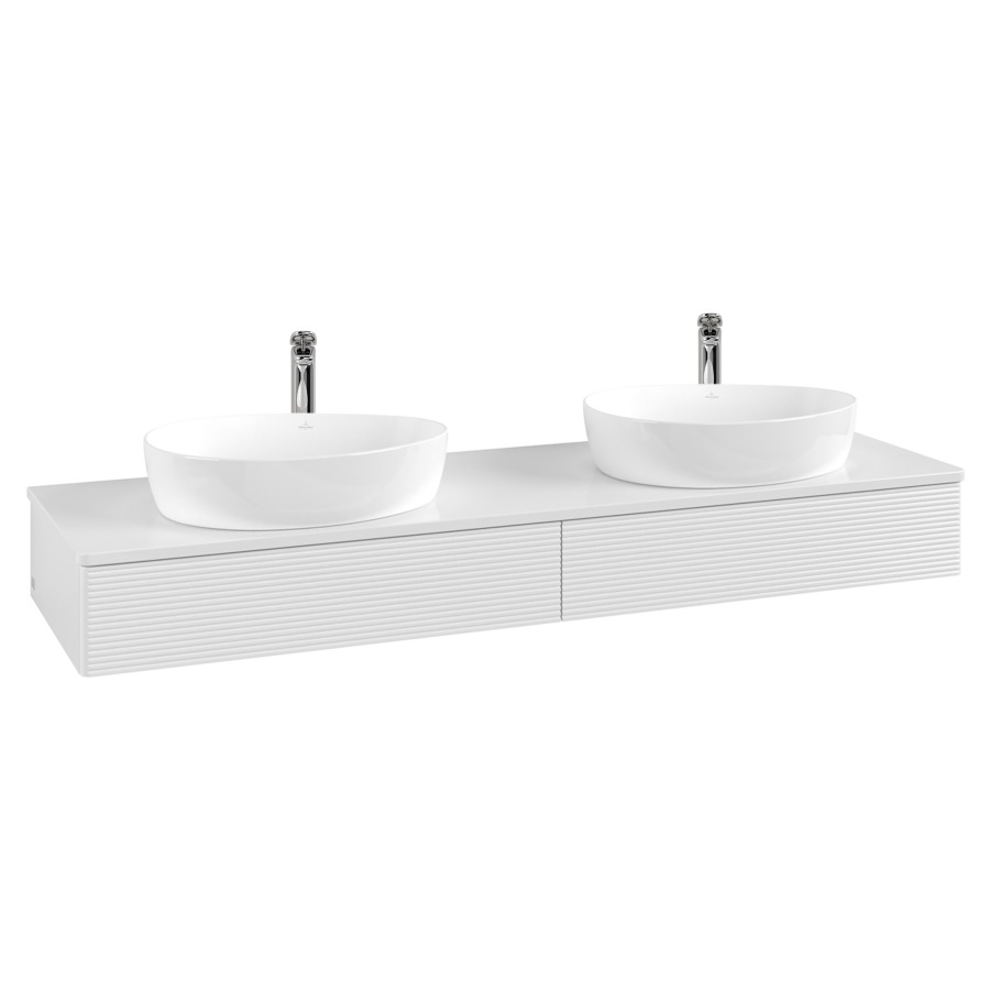 Élément inférieur  Antao
160 x 19 x 50 cm
2&nbsp;éléments de tiroir, 1&nbsp;tiroir chacune
avec siphon gain de place
avec matériel de fixation
pour 2 lavabos à poser 101037/101039/234171
recouvrement avec trou pour robinet