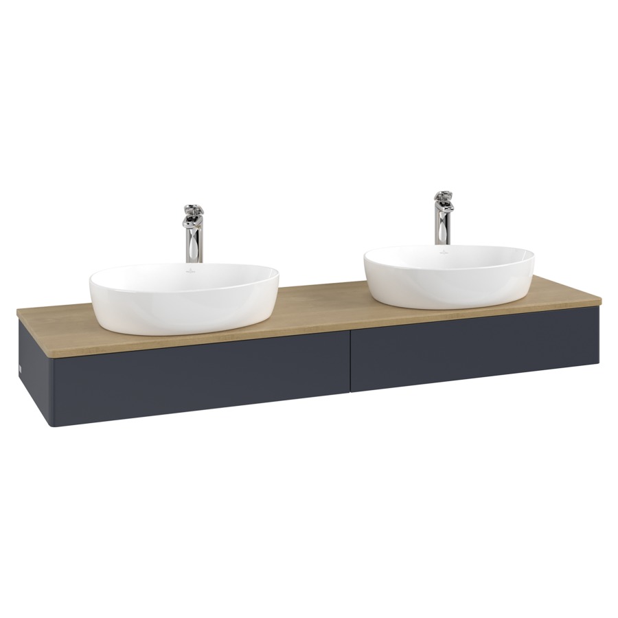 Élément inférieur  Antao
160 x 19 x 50 cm
2&nbsp;éléments de tiroir, 1&nbsp;tiroir chacune
avec siphon gain de place
avec matériel de fixation
pour 2 lavabos à poser 101037/101039/234171
recouvrement Honey Oak, avec trou pour robinet