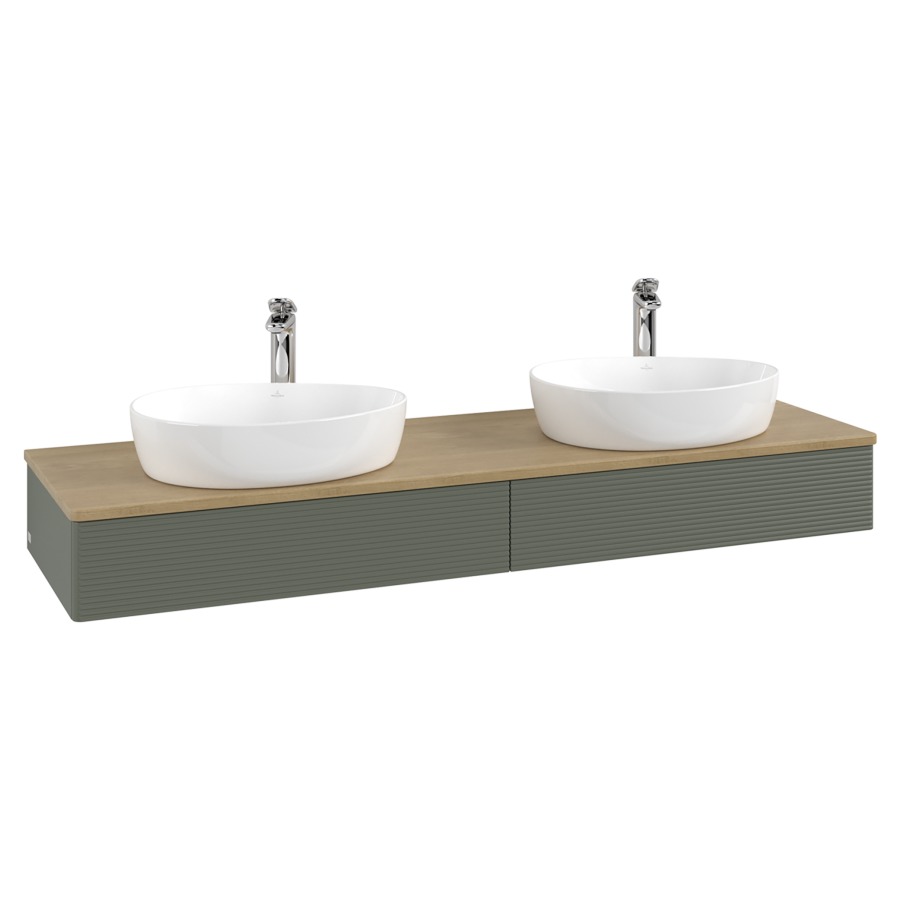 Élément inférieur  Antao
160 x 19 x 50 cm
2&nbsp;éléments de tiroir, 1&nbsp;tiroir chacune
avec siphon gain de place
avec matériel de fixation
pour 2 lavabos à poser 101037/101039/234171
recouvrement Honey Oak, avec trou pour robinet