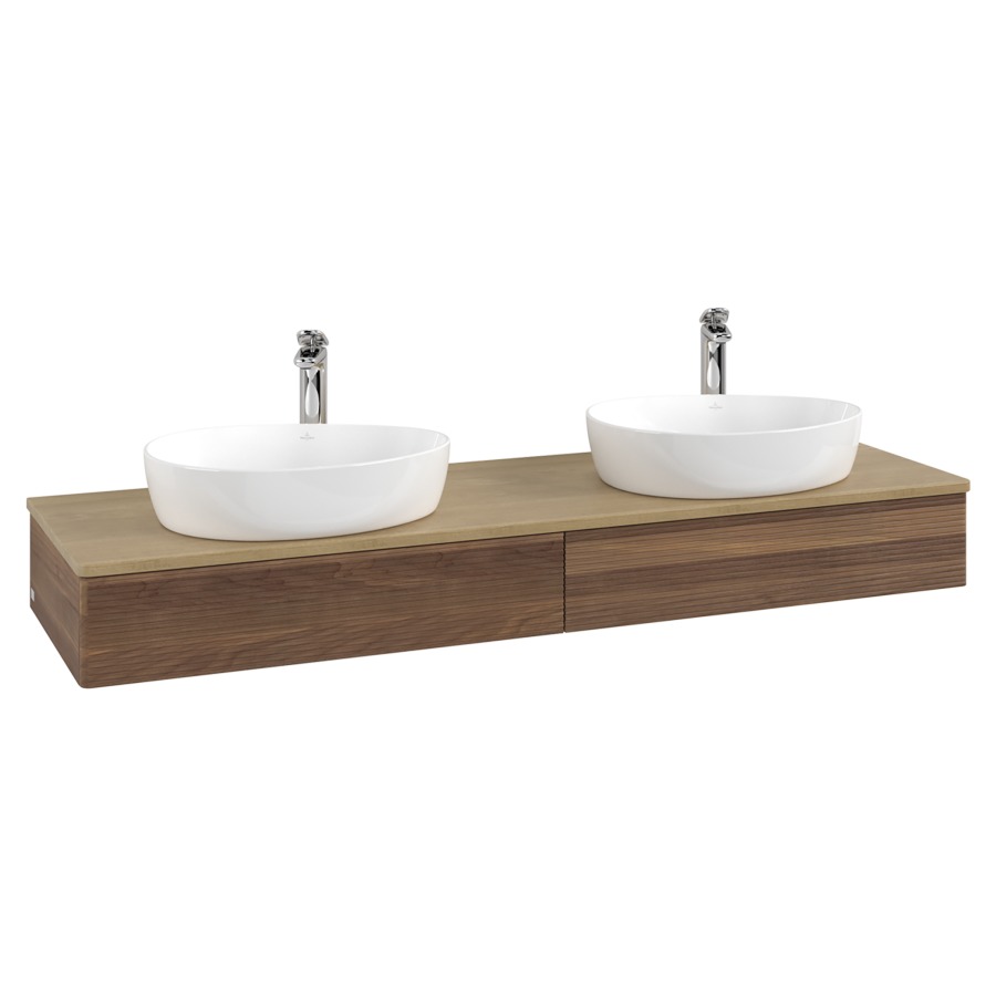 Élément inférieur  Antao
160 x 19 x 50 cm
2&nbsp;éléments de tiroir, 1&nbsp;tiroir chacune
avec siphon gain de place
avec matériel de fixation
pour 2 lavabos à poser 101037/101039/234171
recouvrement Honey Oak, avec trou pour robinet