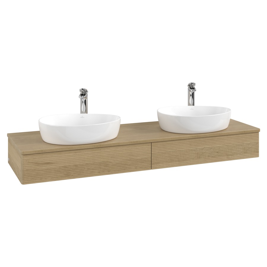 Élément inférieur  Antao
160 x 19 x 50 cm
2&nbsp;éléments de tiroir, 1&nbsp;tiroir chacune
avec siphon gain de place
avec matériel de fixation
pour 2 lavabos à poser 101037/101039/234171
recouvrement Honey Oak, avec trou pour robinet