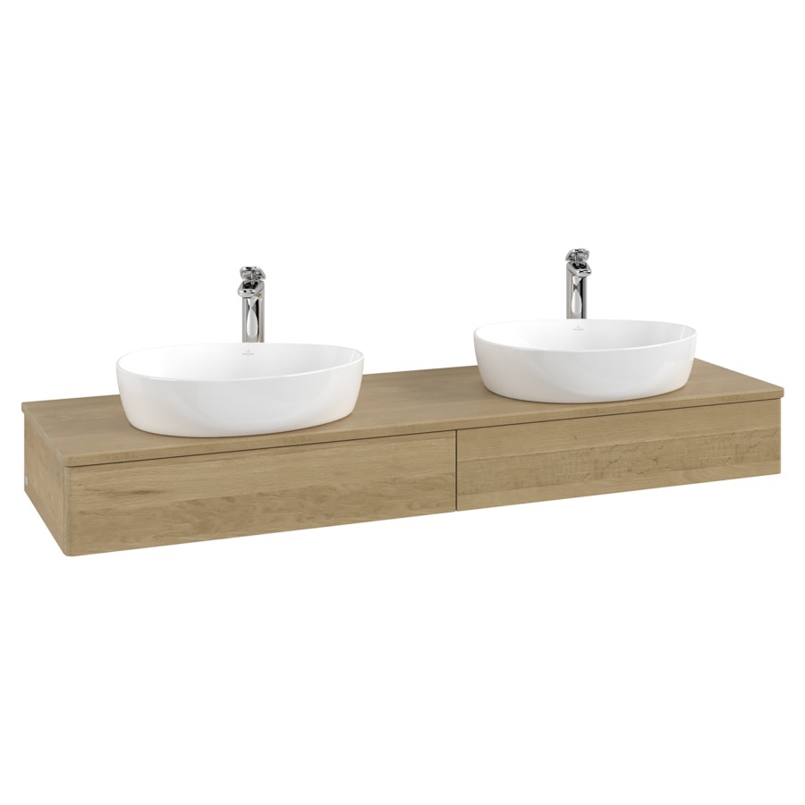 Élément inférieur  Antao
160 x 19 x 50 cm
2&nbsp;éléments de tiroir, 1&nbsp;tiroir chacune
avec siphon gain de place
avec matériel de fixation
pour 2 lavabos à poser 101037/101039/234171
recouvrement Honey Oak, avec trou pour robinet