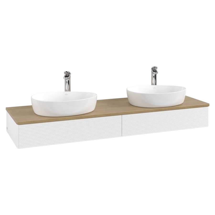 Élément inférieur  Antao
160 x 19 x 50 cm
2&nbsp;éléments de tiroir, 1&nbsp;tiroir chacune
avec siphon gain de place
avec matériel de fixation
pour 2 lavabos à poser 101037/101039/234171
recouvrement Honey Oak, avec trou pour robinet