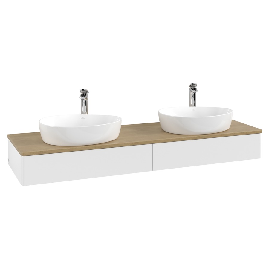 Élément inférieur  Antao
160 x 19 x 50 cm
2&nbsp;éléments de tiroir, 1&nbsp;tiroir chacune
avec siphon gain de place
avec matériel de fixation
pour 2 lavabos à poser 101037/101039/234171
recouvrement Honey Oak, avec trou pour robinet