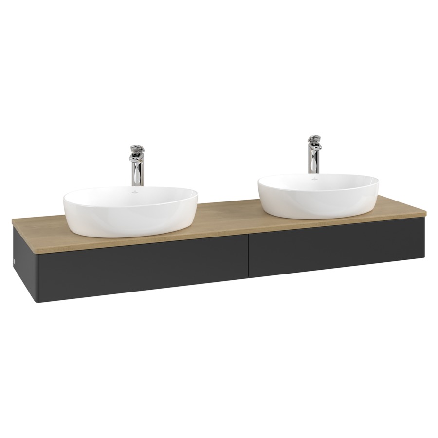 Élément inférieur  Antao
160 x 19 x 50 cm
2&nbsp;éléments de tiroir, 1&nbsp;tiroir chacune
avec siphon gain de place
avec matériel de fixation
pour 2 lavabos à poser 101037/101039/234171
recouvrement Honey Oak, avec trou pour robinet
