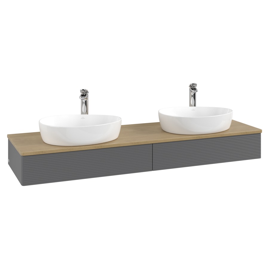 Élément inférieur  Antao
160 x 19 x 50 cm
2&nbsp;éléments de tiroir, 1&nbsp;tiroir chacune
avec siphon gain de place
avec matériel de fixation
pour 2 lavabos à poser 101037/101039/234171
recouvrement Honey Oak, avec trou pour robinet