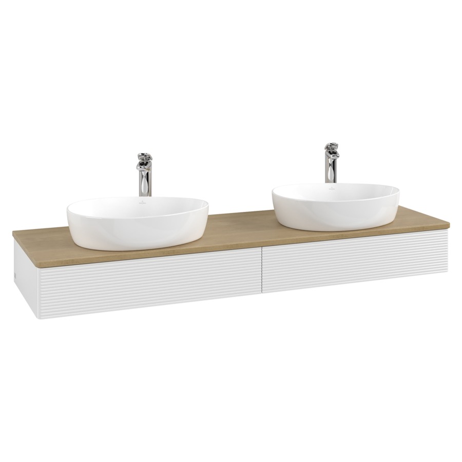 Élément inférieur  Antao
160 x 19 x 50 cm
2&nbsp;éléments de tiroir, 1&nbsp;tiroir chacune
avec siphon gain de place
avec matériel de fixation
pour 2 lavabos à poser 101037/101039/234171
recouvrement Honey Oak, avec trou pour robinet