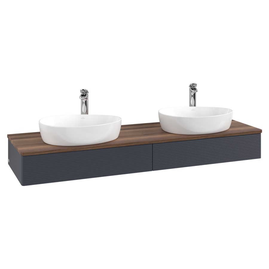 Élément inférieur  Antao
160 x 19 x 50 cm
2&nbsp;éléments de tiroir, 1&nbsp;tiroir chacune
avec siphon gain de place
avec matériel de fixation
pour 2 lavabos à poser 101037/101039/234171
recouvrement Warm Walnut, avec trou pour robinet