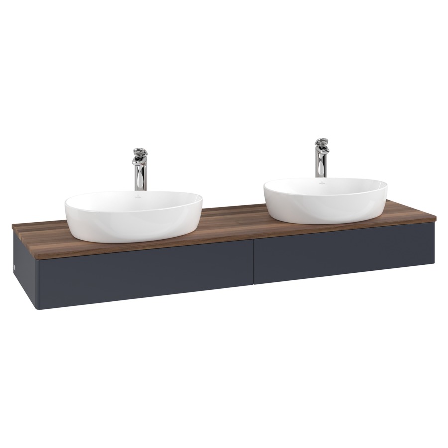 Élément inférieur  Antao
160 x 19 x 50 cm
2&nbsp;éléments de tiroir, 1&nbsp;tiroir chacune
avec siphon gain de place
avec matériel de fixation
pour 2 lavabos à poser 101037/101039/234171
recouvrement Warm Walnut, avec trou pour robinet