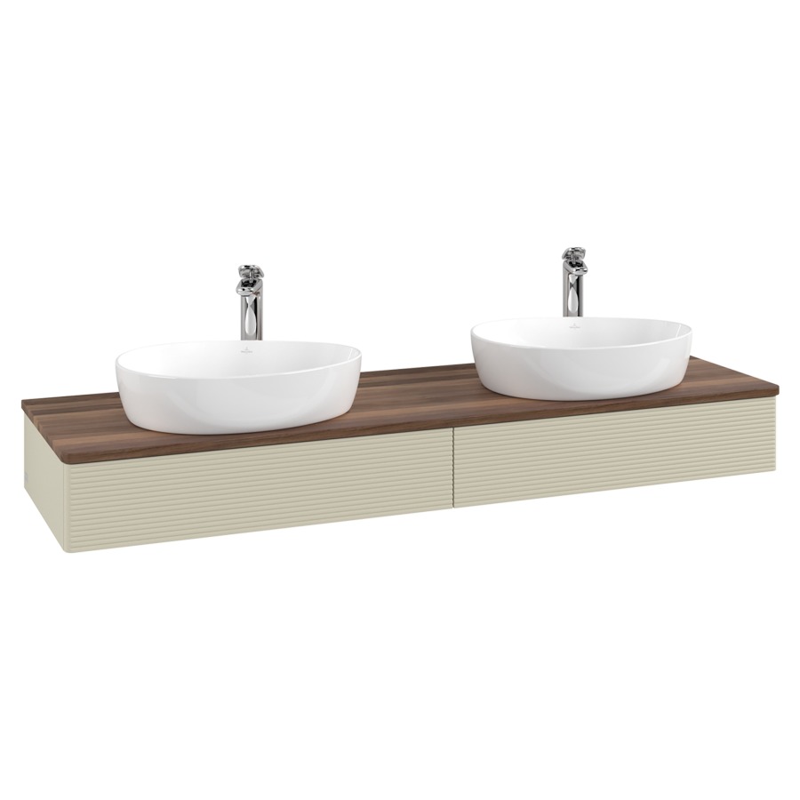 Élément inférieur  Antao
160 x 19 x 50 cm
2&nbsp;éléments de tiroir, 1&nbsp;tiroir chacune
avec siphon gain de place
avec matériel de fixation
pour 2 lavabos à poser 101037/101039/234171
recouvrement Warm Walnut, avec trou pour robinet