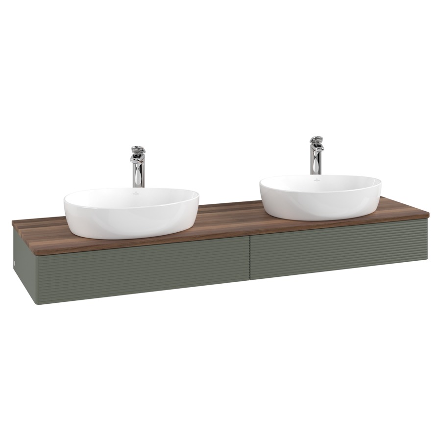 Élément inférieur  Antao
160 x 19 x 50 cm
2&nbsp;éléments de tiroir, 1&nbsp;tiroir chacune
avec siphon gain de place
avec matériel de fixation
pour 2 lavabos à poser 101037/101039/234171
recouvrement Warm Walnut, avec trou pour robinet
