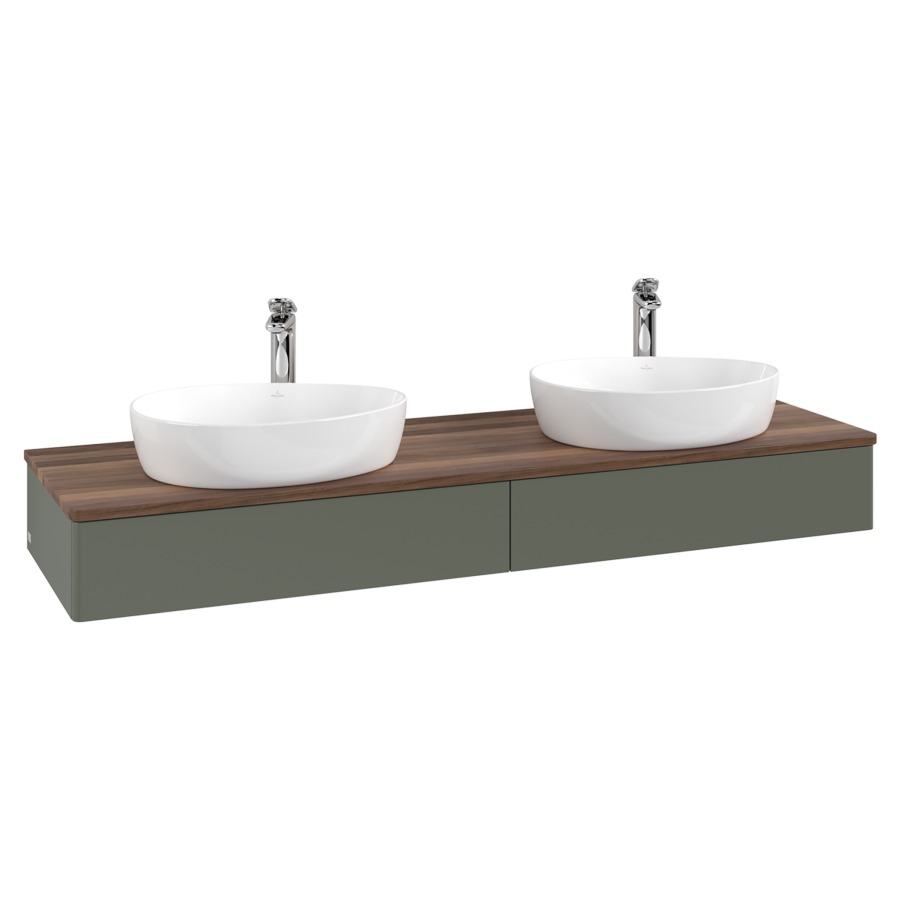 Élément inférieur  Antao
160 x 19 x 50 cm
2&nbsp;éléments de tiroir, 1&nbsp;tiroir chacune
avec siphon gain de place
avec matériel de fixation
pour 2 lavabos à poser 101037/101039/234171
recouvrement Warm Walnut, avec trou pour robinet
