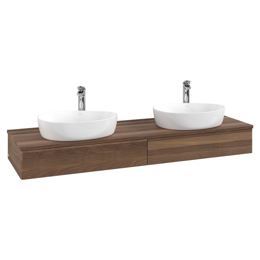 Élément inférieur  Antao
160 x 19 x 50 cm
2&nbsp;éléments de tiroir, 1&nbsp;tiroir chacune
avec siphon gain de place
avec matériel de fixation
pour 2 lavabos à poser 101037/101039/234171
recouvrement Warm Walnut, avec trou pour robinet
