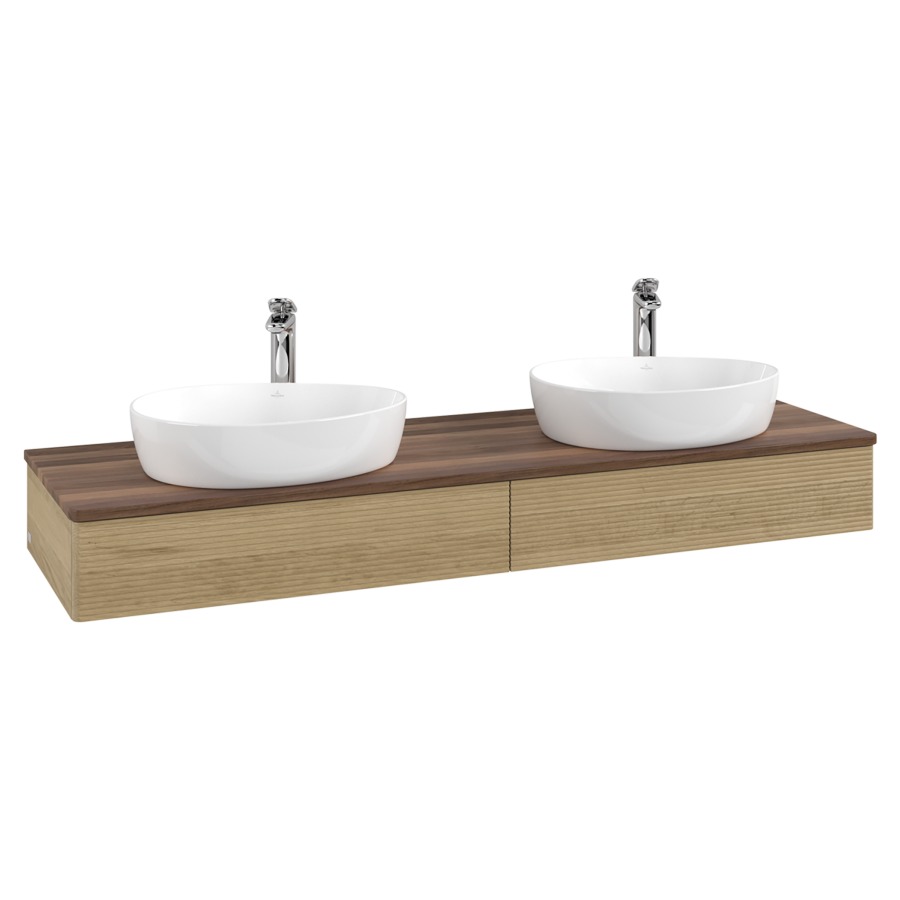 Élément inférieur  Antao
160 x 19 x 50 cm
2&nbsp;éléments de tiroir, 1&nbsp;tiroir chacune
avec siphon gain de place
avec matériel de fixation
pour 2 lavabos à poser 101037/101039/234171
recouvrement Warm Walnut, avec trou pour robinet