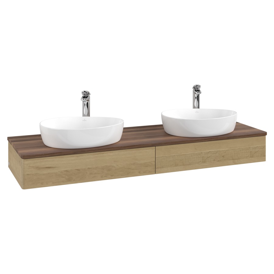 Élément inférieur  Antao
160 x 19 x 50 cm
2&nbsp;éléments de tiroir, 1&nbsp;tiroir chacune
avec siphon gain de place
avec matériel de fixation
pour 2 lavabos à poser 101037/101039/234171
recouvrement Warm Walnut, avec trou pour robinet