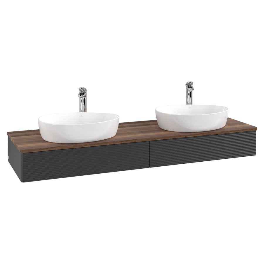 Élément inférieur  Antao
160 x 19 x 50 cm
2&nbsp;éléments de tiroir, 1&nbsp;tiroir chacune
avec siphon gain de place
avec matériel de fixation
pour 2 lavabos à poser 101037/101039/234171
recouvrement Warm Walnut, avec trou pour robinet