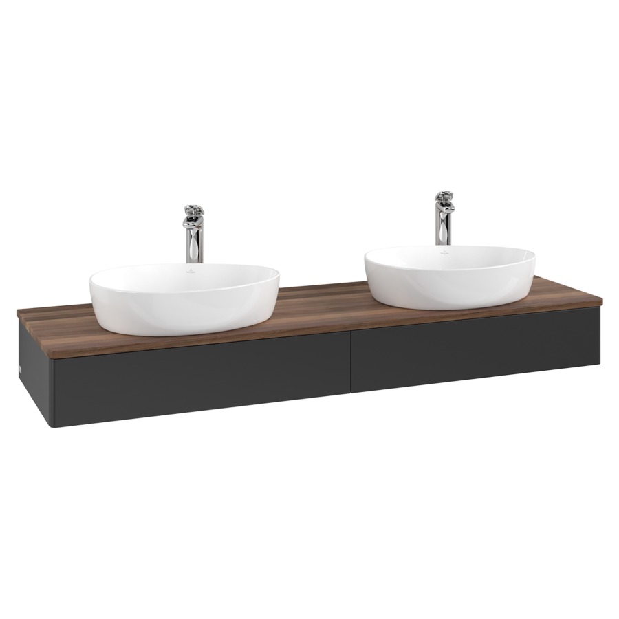 Élément inférieur  Antao
160 x 19 x 50 cm
2&nbsp;éléments de tiroir, 1&nbsp;tiroir chacune
avec siphon gain de place
avec matériel de fixation
pour 2 lavabos à poser 101037/101039/234171
recouvrement Warm Walnut, avec trou pour robinet