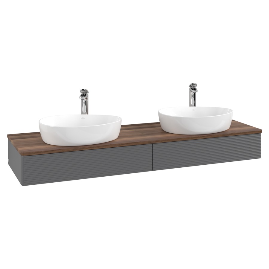 Élément inférieur  Antao
160 x 19 x 50 cm
2&nbsp;éléments de tiroir, 1&nbsp;tiroir chacune
avec siphon gain de place
avec matériel de fixation
pour 2 lavabos à poser 101037/101039/234171
recouvrement Warm Walnut, avec trou pour robinet