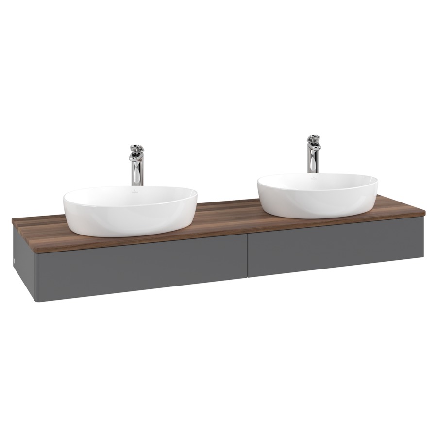 Élément inférieur  Antao
160 x 19 x 50 cm
2&nbsp;éléments de tiroir, 1&nbsp;tiroir chacune
avec siphon gain de place
avec matériel de fixation
pour 2 lavabos à poser 101037/101039/234171
recouvrement Warm Walnut, avec trou pour robinet