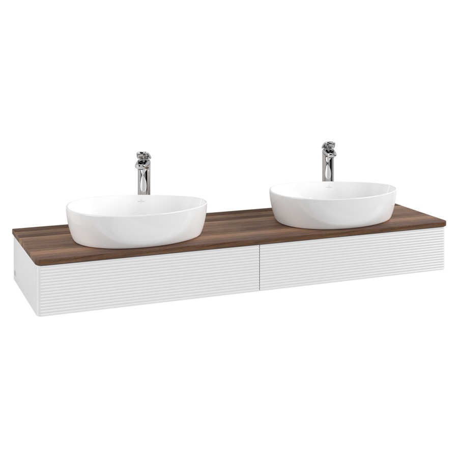 Élément inférieur  Antao
160 x 19 x 50 cm
2&nbsp;éléments de tiroir, 1&nbsp;tiroir chacune
avec siphon gain de place
avec matériel de fixation
pour 2 lavabos à poser 101037/101039/234171
recouvrement Warm Walnut, avec trou pour robinet
