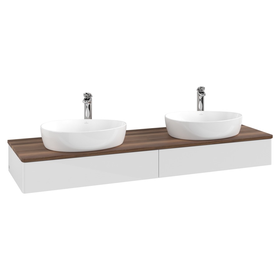 Élément inférieur  Antao
160 x 19 x 50 cm
2&nbsp;éléments de tiroir, 1&nbsp;tiroir chacune
avec siphon gain de place
avec matériel de fixation
pour 2 lavabos à poser 101037/101039/234171
recouvrement Warm Walnut, avec trou pour robinet