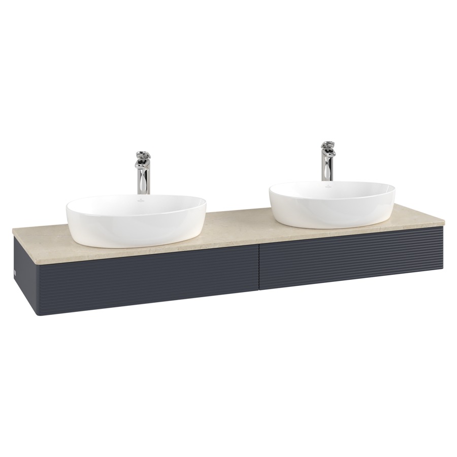 Élément inférieur  Antao
160 x 19 x 50 cm
2&nbsp;éléments de tiroir, 1&nbsp;tiroir chacune
avec siphon gain de place
avec matériel de fixation
pour 2 lavabos à poser 101037/101039/234171
recouvrement Botticino, avec trou pour robinet