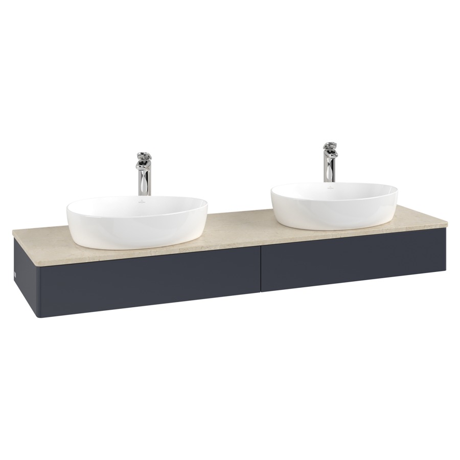 Élément inférieur  Antao
160 x 19 x 50 cm
2&nbsp;éléments de tiroir, 1&nbsp;tiroir chacune
avec siphon gain de place
avec matériel de fixation
pour 2 lavabos à poser 101037/101039/234171
recouvrement Botticino, avec trou pour robinet