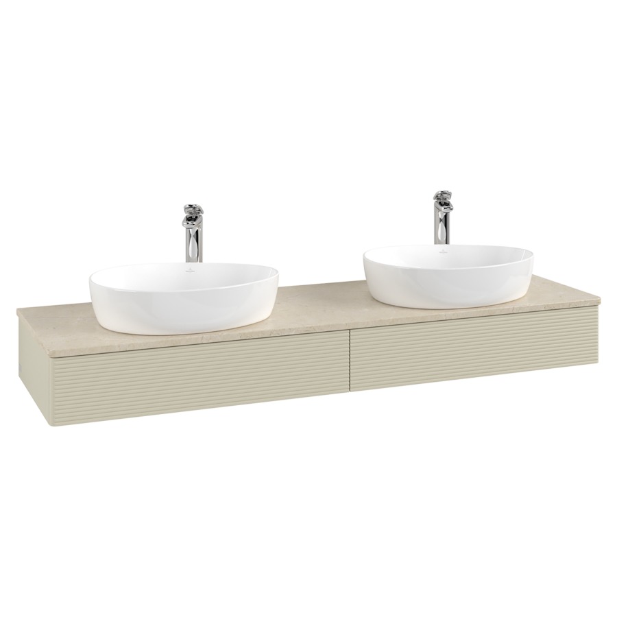 Élément inférieur  Antao
160 x 19 x 50 cm
2&nbsp;éléments de tiroir, 1&nbsp;tiroir chacune
avec siphon gain de place
avec matériel de fixation
pour 2 lavabos à poser 101037/101039/234171
recouvrement Botticino, avec trou pour robinet