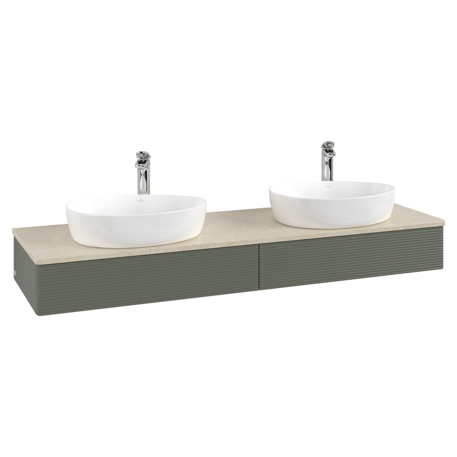 Élément inférieur  Antao
160 x 19 x 50 cm
2&nbsp;éléments de tiroir, 1&nbsp;tiroir chacune
avec siphon gain de place
avec matériel de fixation
pour 2 lavabos à poser 101037/101039/234171
recouvrement Botticino, avec trou pour robinet