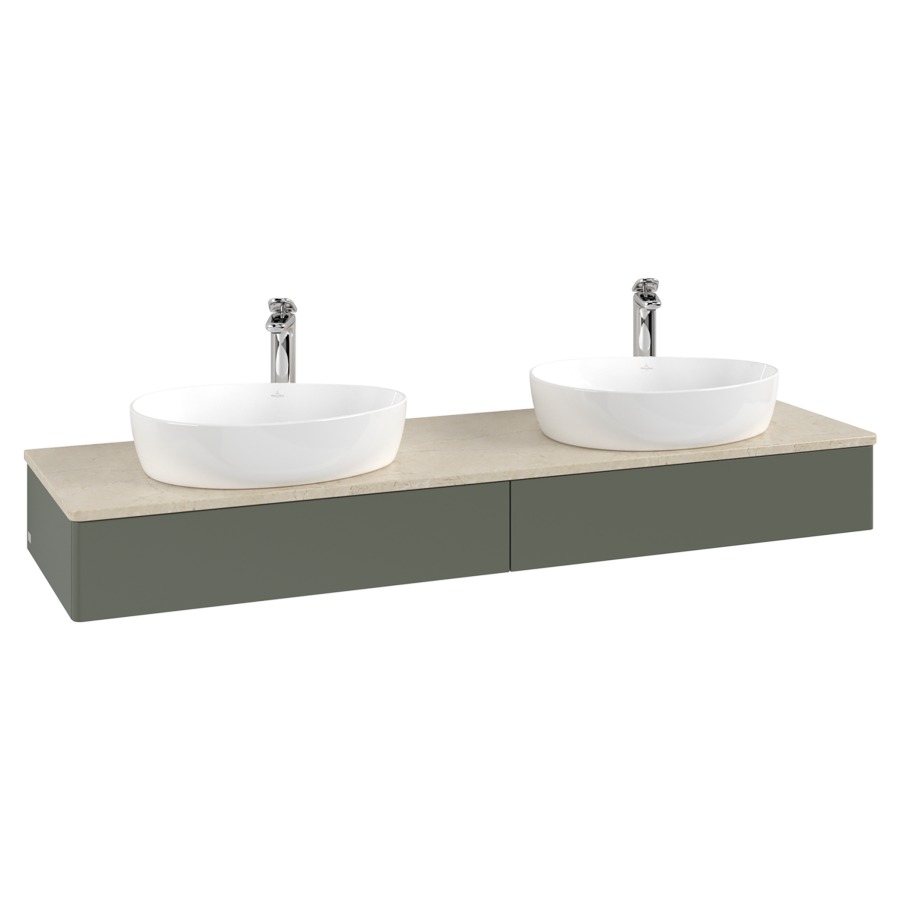 Élément inférieur  Antao
160 x 19 x 50 cm
2&nbsp;éléments de tiroir, 1&nbsp;tiroir chacune
avec siphon gain de place
avec matériel de fixation
pour 2 lavabos à poser 101037/101039/234171
recouvrement Botticino, avec trou pour robinet