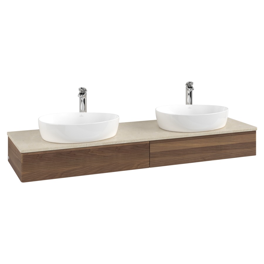Élément inférieur  Antao
160 x 19 x 50 cm
2&nbsp;éléments de tiroir, 1&nbsp;tiroir chacune
avec siphon gain de place
avec matériel de fixation
pour 2 lavabos à poser 101037/101039/234171
recouvrement Botticino, avec trou pour robinet
