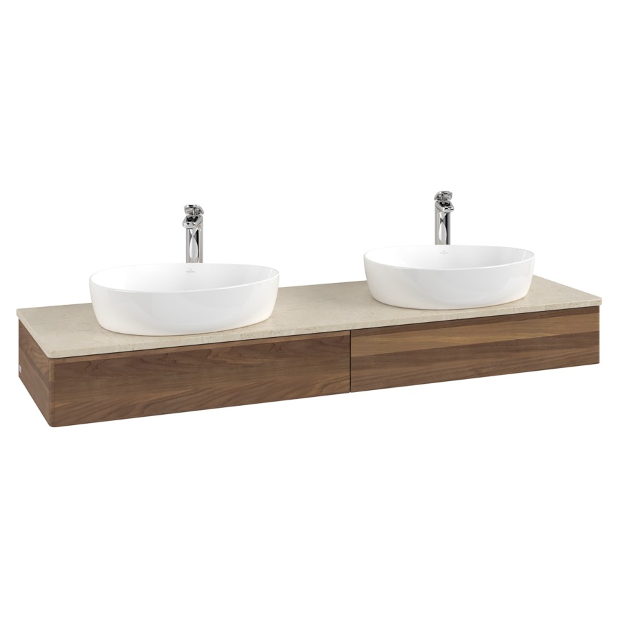 Élément inférieur  Antao
160 x 19 x 50 cm
2&nbsp;éléments de tiroir, 1&nbsp;tiroir chacune
avec siphon gain de place
avec matériel de fixation
pour 2 lavabos à poser 101037/101039/234171
recouvrement Botticino, avec trou pour robinet