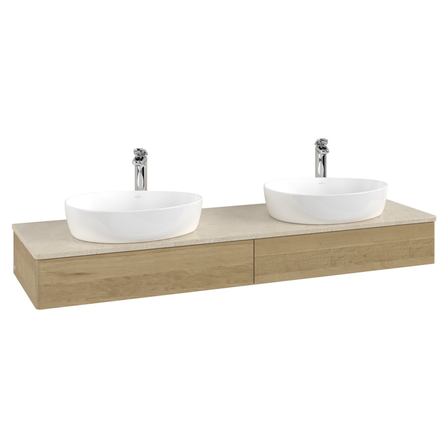 Élément inférieur  Antao
160 x 19 x 50 cm
2&nbsp;éléments de tiroir, 1&nbsp;tiroir chacune
avec siphon gain de place
avec matériel de fixation
pour 2 lavabos à poser 101037/101039/234171
recouvrement Botticino, avec trou pour robinet