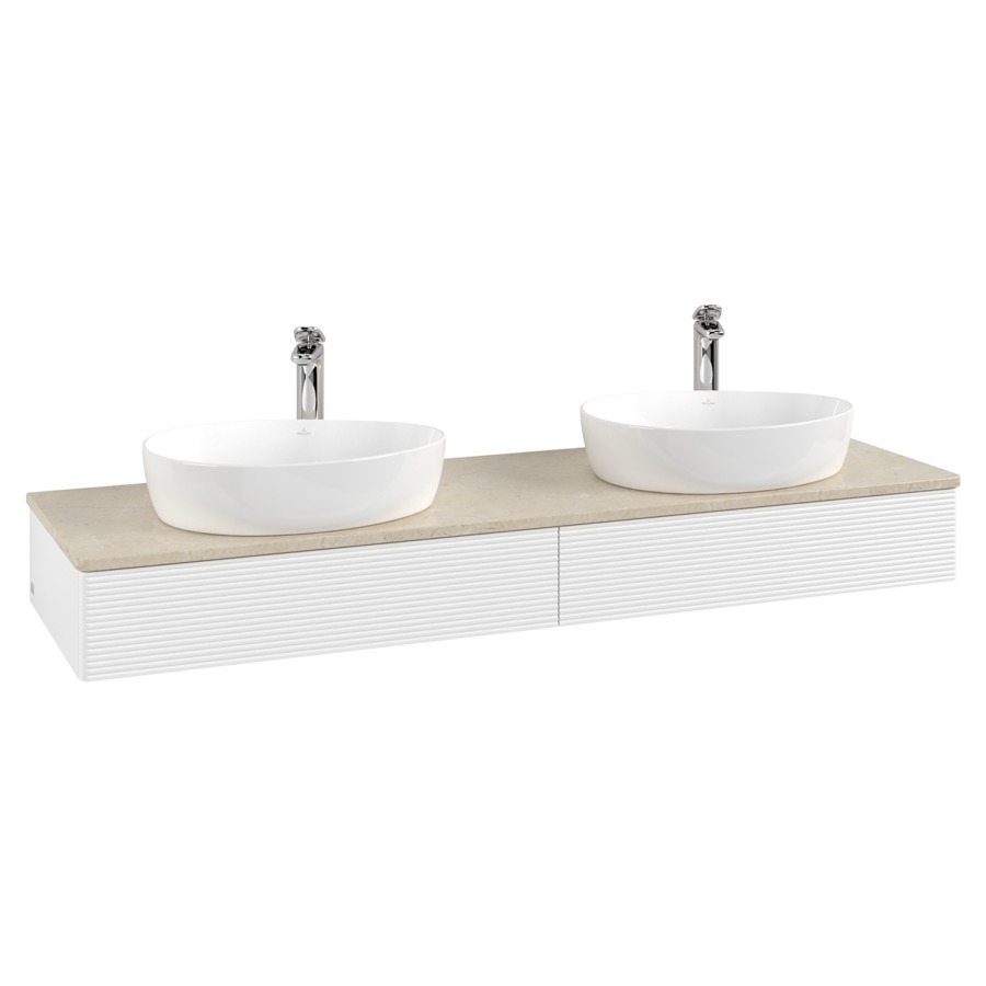 Élément inférieur  Antao
160 x 19 x 50 cm
2&nbsp;éléments de tiroir, 1&nbsp;tiroir chacune
avec siphon gain de place
avec matériel de fixation
pour 2 lavabos à poser 101037/101039/234171
recouvrement Botticino, avec trou pour robinet