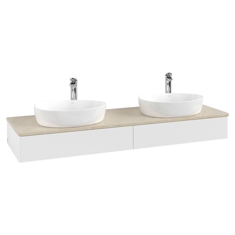 Élément inférieur  Antao
160 x 19 x 50 cm
2&nbsp;éléments de tiroir, 1&nbsp;tiroir chacune
avec siphon gain de place
avec matériel de fixation
pour 2 lavabos à poser 101037/101039/234171
recouvrement Botticino, avec trou pour robinet
