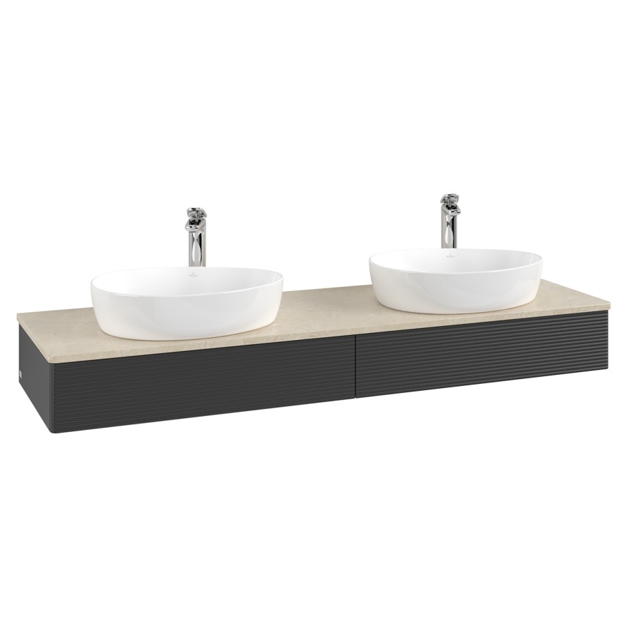 Élément inférieur  Antao
160 x 19 x 50 cm
2&nbsp;éléments de tiroir, 1&nbsp;tiroir chacune
avec siphon gain de place
avec matériel de fixation
pour 2 lavabos à poser 101037/101039/234171
recouvrement Botticino, avec trou pour robinet