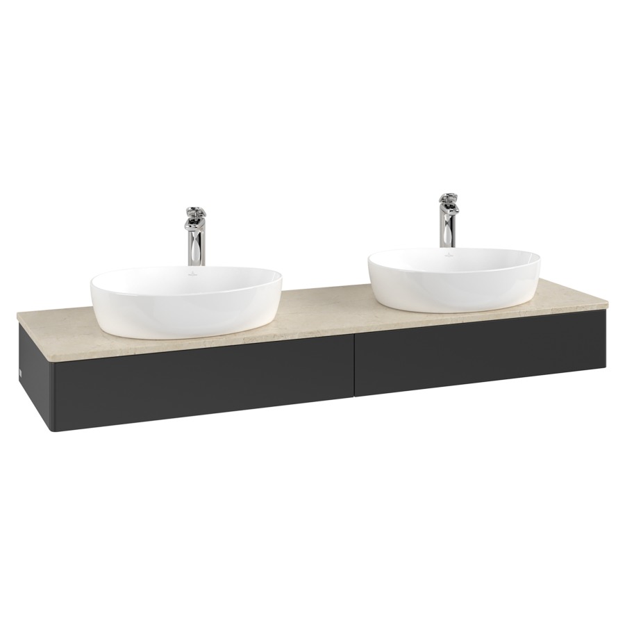 Élément inférieur  Antao
160 x 19 x 50 cm
2&nbsp;éléments de tiroir, 1&nbsp;tiroir chacune
avec siphon gain de place
avec matériel de fixation
pour 2 lavabos à poser 101037/101039/234171
recouvrement Botticino, avec trou pour robinet