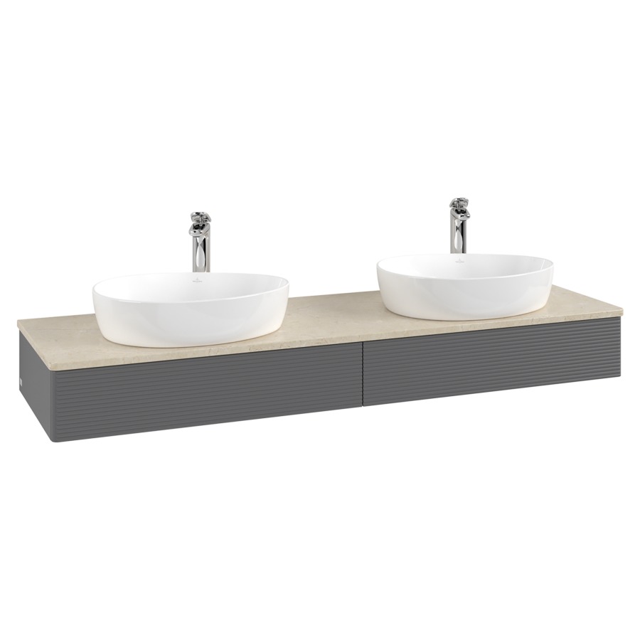 Élément inférieur  Antao
160 x 19 x 50 cm
2&nbsp;éléments de tiroir, 1&nbsp;tiroir chacune
avec siphon gain de place
avec matériel de fixation
pour 2 lavabos à poser 101037/101039/234171
recouvrement Botticino, avec trou pour robinet