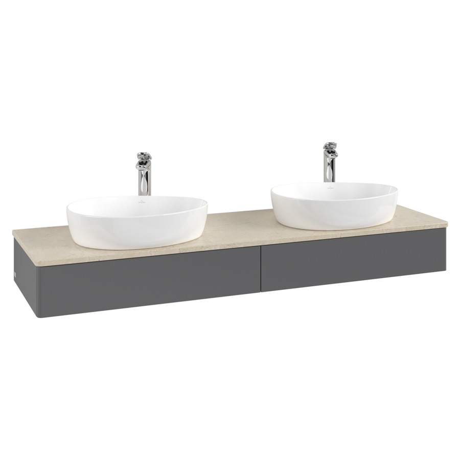 Élément inférieur  Antao
160 x 19 x 50 cm
2&nbsp;éléments de tiroir, 1&nbsp;tiroir chacune
avec siphon gain de place
avec matériel de fixation
pour 2 lavabos à poser 101037/101039/234171
recouvrement Botticino, avec trou pour robinet