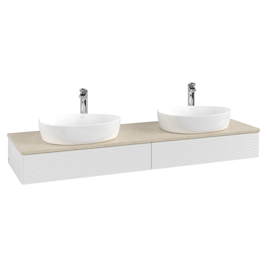 Élément inférieur  Antao
160 x 19 x 50 cm
2&nbsp;éléments de tiroir, 1&nbsp;tiroir chacune
avec siphon gain de place
avec matériel de fixation
pour 2 lavabos à poser 101037/101039/234171
recouvrement Botticino, avec trou pour robinet