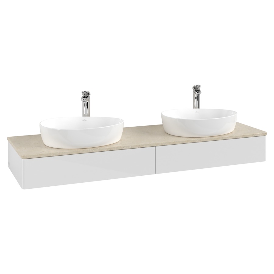 Élément inférieur  Antao
160 x 19 x 50 cm
2&nbsp;éléments de tiroir, 1&nbsp;tiroir chacune
avec siphon gain de place
avec matériel de fixation
pour 2 lavabos à poser 101037/101039/234171
recouvrement Botticino, avec trou pour robinet