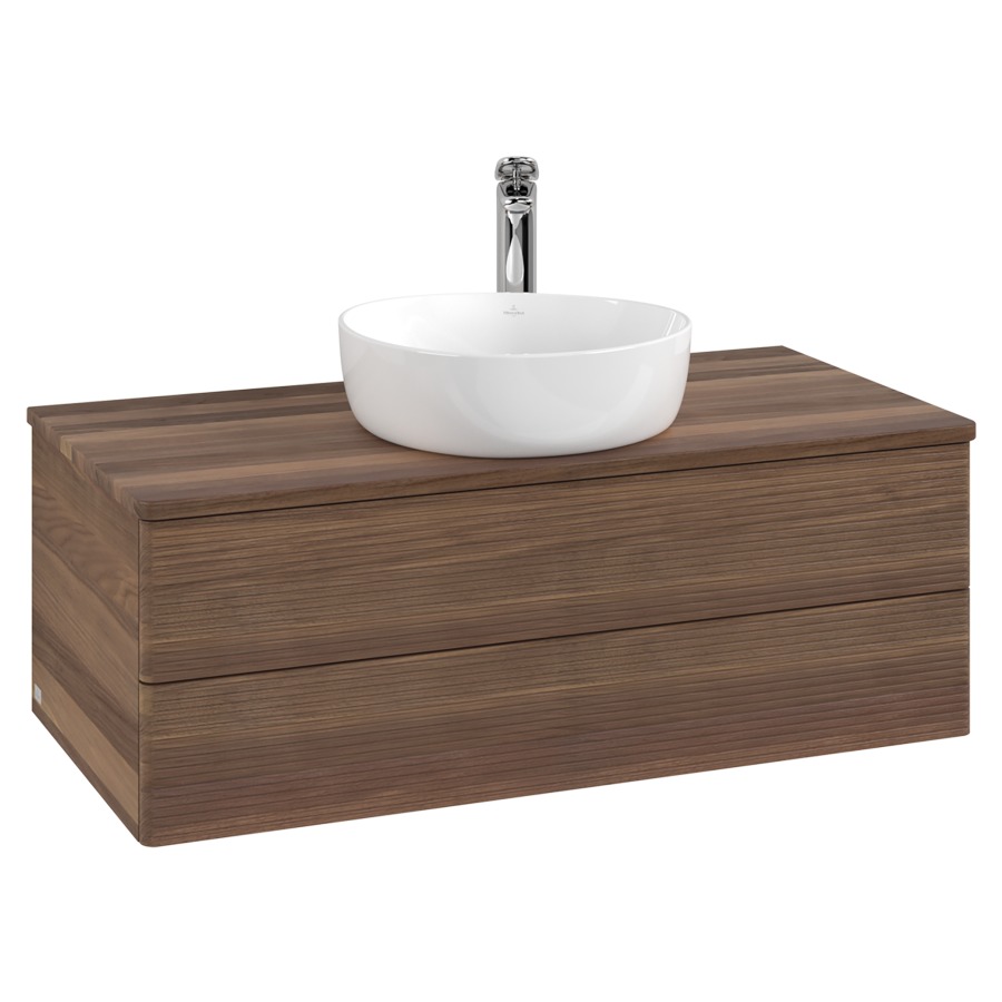 Élément inférieur  Antao
100 x 36 x 50 cm
élément de tiroir, 2&nbsp;tiroirs
avec siphon gain de place
avec matériel de fixation
pour 1 lavabo à poser 101037/101039/234171
recouvrement Warm Walnut, 1 trou pour robinet