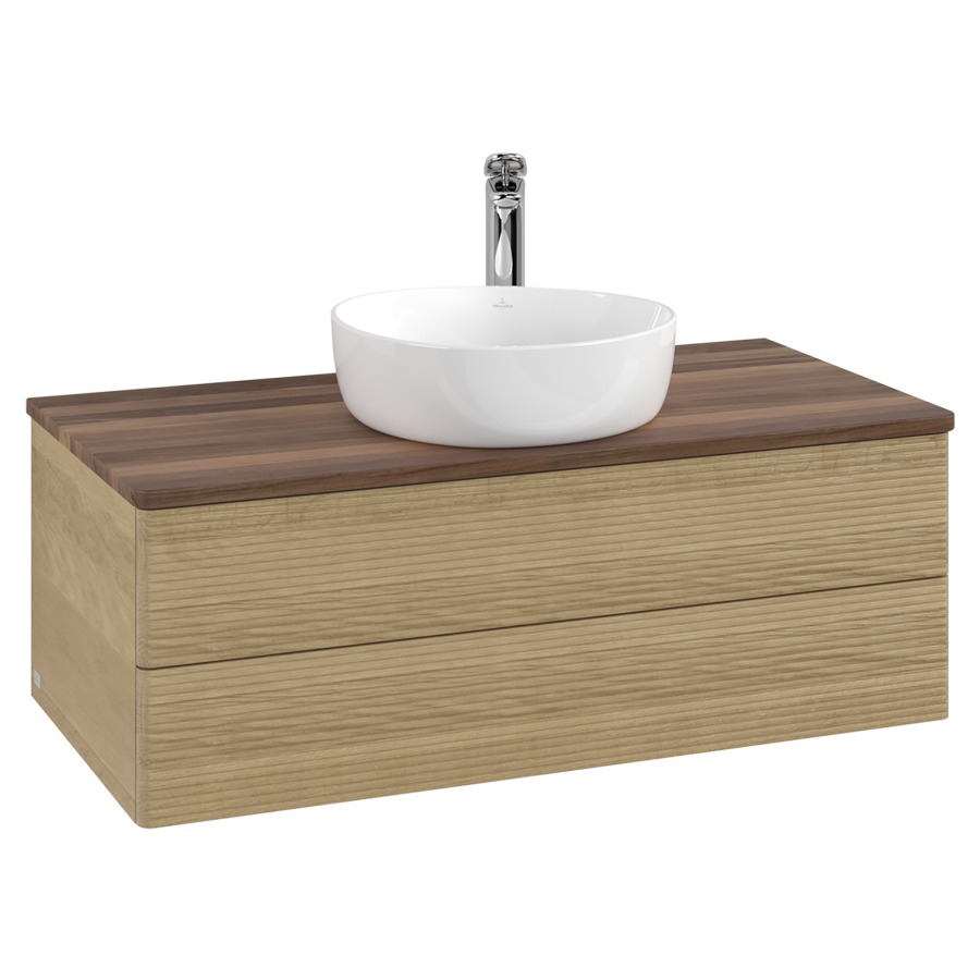 Élément inférieur  Antao
100 x 36 x 50 cm
élément de tiroir, 2&nbsp;tiroirs
avec siphon gain de place
avec matériel de fixation
pour 1 lavabo à poser 101037/101039/234171
recouvrement Warm Walnut, 1 trou pour robinet