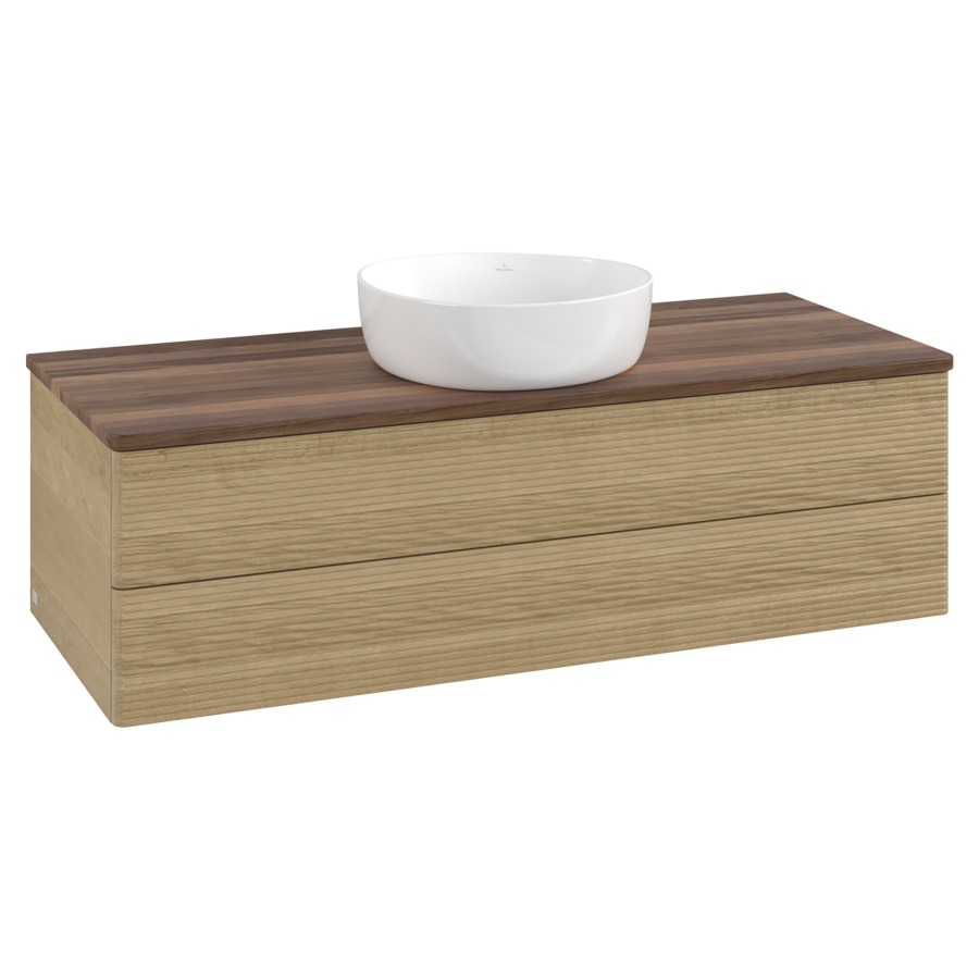 Élément inférieur  Antao
120 x 36 x 50 cm
élément de tiroir, 2&nbsp;tiroirs
avec siphon gain de place
avec matériel de fixation
pour 1 lavabo à poser 234171/234172/234173
recouvrement Warm Walnut
sans trou pour robinet